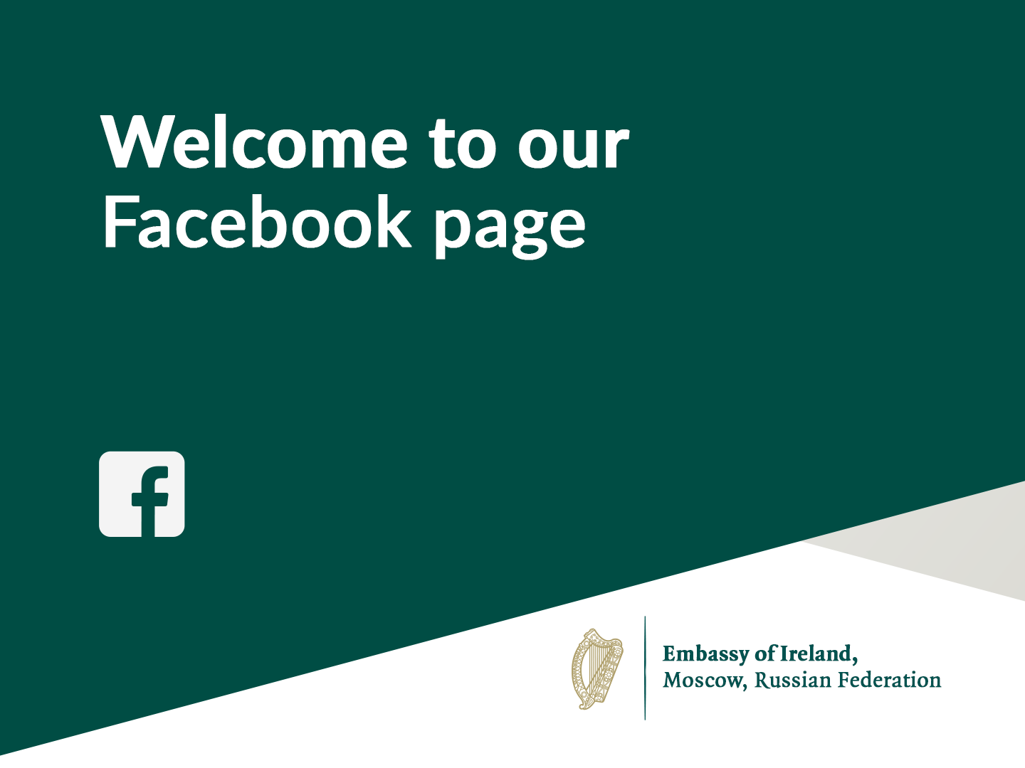Graphic with Embassy logo and white text that says Welcome to our Facebook page.