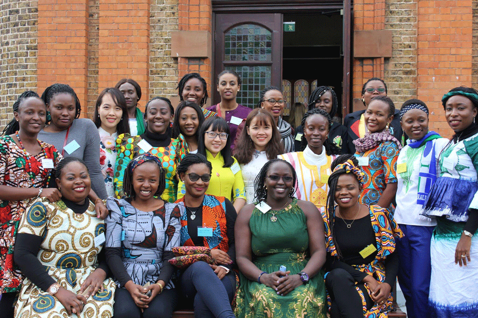 Irish Aid Fellows Cheryl Sembie and Martha Sesay from Sierra Leone and Zoe Doe from Liberia meet with fellow female awardees from around the world ahead of commencing their studies in Ireland in 2018.