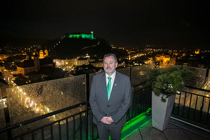 Ljubljana Castle turned green to mark Saint Patrick’s Day during the visit by the Cathaoirleach of Seanad Éireann, Senator Denis O'Donovan