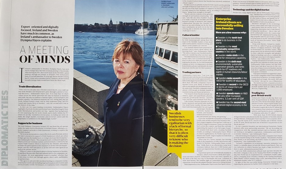 On 02 June 2019 Ireland’s Sunday Business Post published a supplement on doing business in Sweden, featuring an interview with Ambassador Dympna Hayes