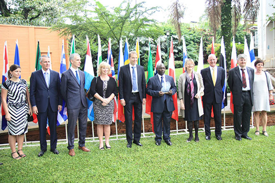 EU Ambassadors with the 2015 EU-HRD Award winner, Livingstone Sewanyana.