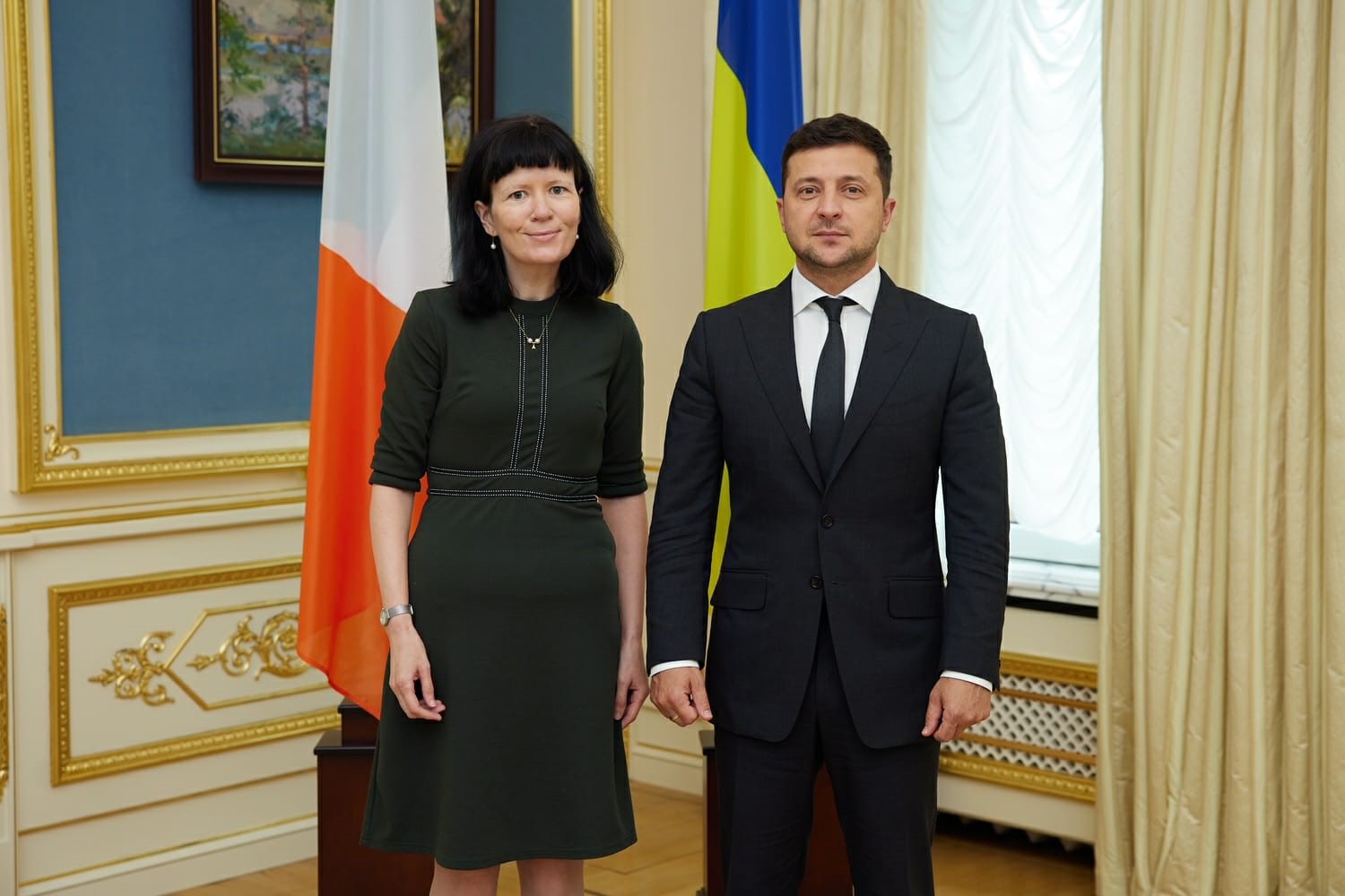 Ireland's first resident Ambassador to Ukraine, Therese Healy, with Ukrainian President, Volodymyr Zelenskyy at the Presidential Administration in Kyiv.