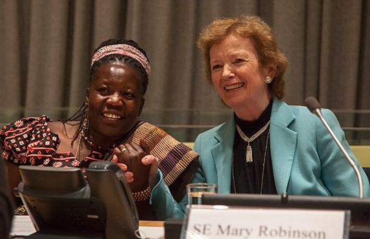 UN Special Envoy Mary Robinson with Ugandan lawyer and women’s civil society leader, Lina Zedriga at panel discussion hosted by Ireland on Women and Peacebuilding in the Great Lakes region in 2013