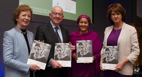 Special Envoy Mary Robinson, Minister Charlie Flanagan, Special Advisor Amina Mohammed and Tánaiste Joan Burton launching Ireland’s second National Action Plan on Women, Peace and Security (1325), January 2015.